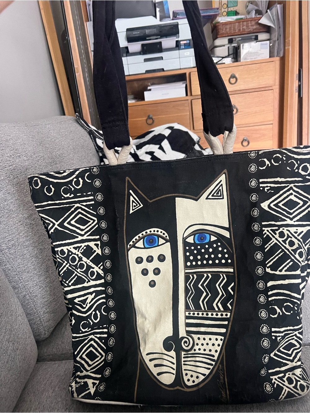 LAUREL BURCH CAT Shoulder TOTE BAG Black & White Cats Geometric rare vintage - Picture 10 of 11